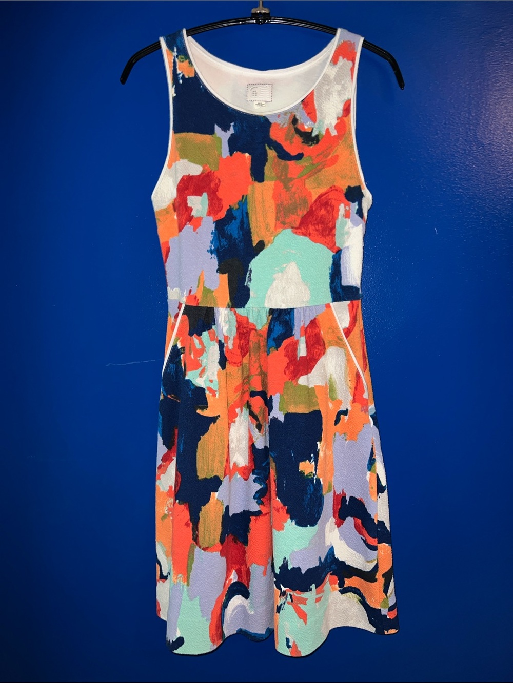 Anthropologie Multicolor Abstract Midi Dress - Navy, Coral & Mint